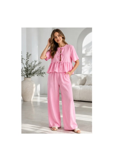 Mevese Bağlama Detaylı Kısa Kollu Bluz & Pantolon İkili Takım - Pembe Şeker Pembe