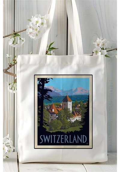 Art Hediye Switzerland İsviçre Baskılı Bez Çanta Omuz Çantası Kişiye Özel Desen Çok Renkli
