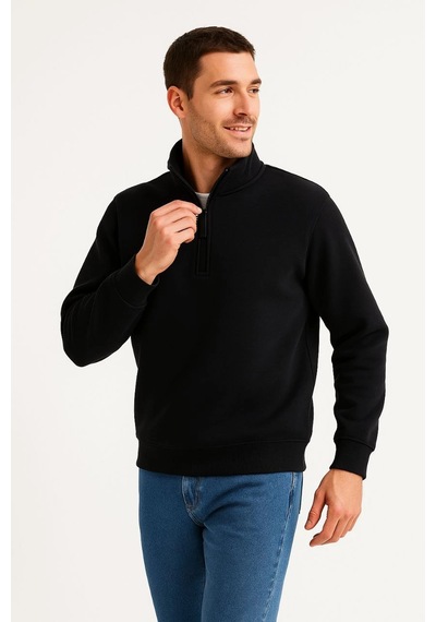 Barlashive Erkek Dik Yaka Sweatshirt Dik Yaka Yarım Fermuarlı 3 İplik Pamuk Kumaş - Siyah Çok Renkli