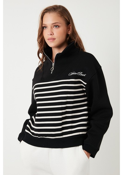 Lela Streç Oversize Fit Yarım Fermuarlı Dik Yaka Bayan Sweat 5865883 Siyah