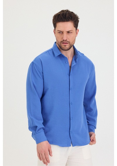 Cool Tarz Erkek Slim Fit Dar Kalıp Uzun Kol Pamuklu Keten Efekt Gömlek Saks Mavi Saks Mavi
