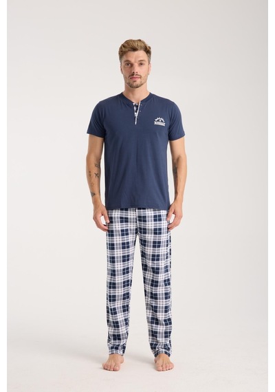 Akbeniz Erkek Lacivert Düğmeli Yaka Kısa Kol Pijama Takımı