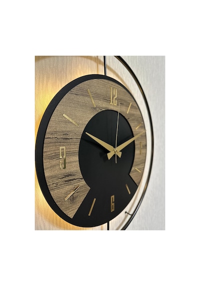 Pey Aksesuar 50x70 Cm Metal Ahşap Ve Işığın Muhteşem Uyumu Duvar Saati Dekoratif Ahşap-m54-siyah-siyah-dikkat -keçe-gold