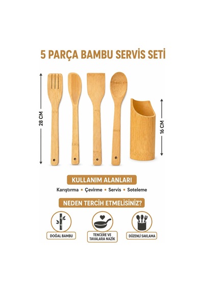 5 Parça Bambu Servis Seti Kaşıklık Standlı Kaşık Spatula Servis Çatalı Mutfak Gereçleri Ahşap Kaşık