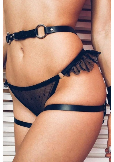 Astrid T Özel Üretim Gece Kıyafeti Şık Tasarım Fantazi Kelepçeli Harness Özel Parça Kadın Aksesuar siyah