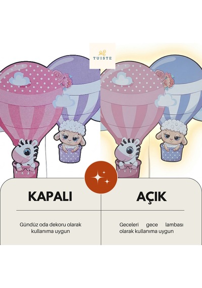 Gece Lambası Hava Balonu Bebek Çocuk Odası Duvar Dekorasyonu Aydınlatma Ahşap Gece Led
