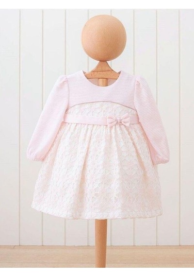 Miomini Baby Kız Bebek Çizgili Fiyonklu Şık Elbise-15173 Pudra