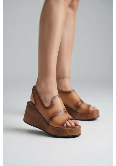 Pisagor Ps-1449 Hakiki Deri Kadın Dolgu Taban Sandalet Taba