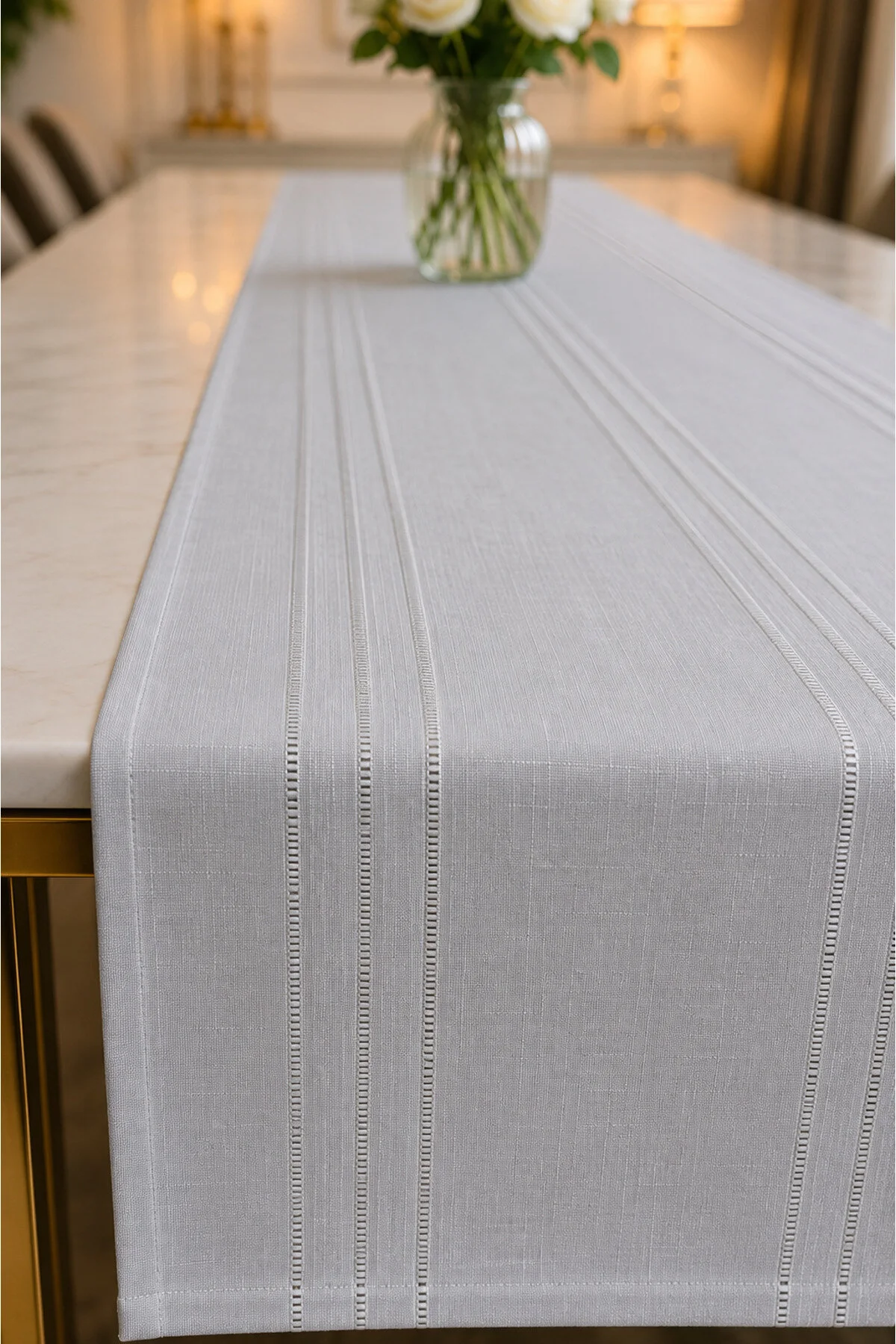 %100 Polyester Dertsiz Leke Tutmaz Şerit Desenli Runner Masa Örtüsü 53x200 Cm Gri