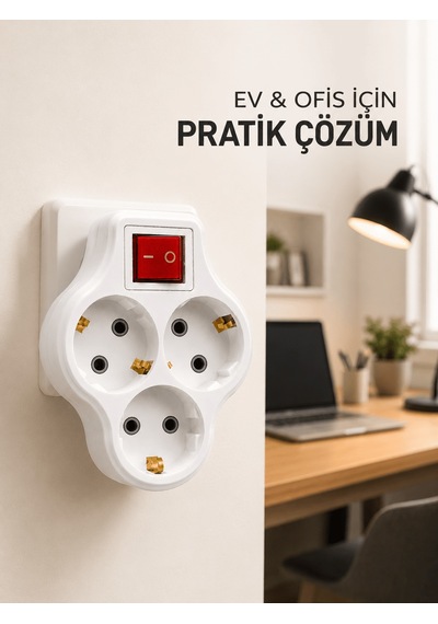 Lexroo Kablosuz Priz Çoğaltıcı 3 Çıkışlı Anahtarlı Kompakt Duvar
