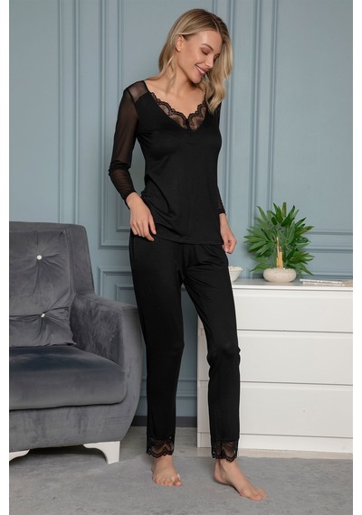 Monamise Kadın Sırtı Dekolteli Tüllü ve Dantelli Pijama Takımı Siyah