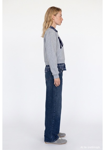 Quzu Ekose Garnili New York Yazılı Oversize Sweatshirt Grimelanj