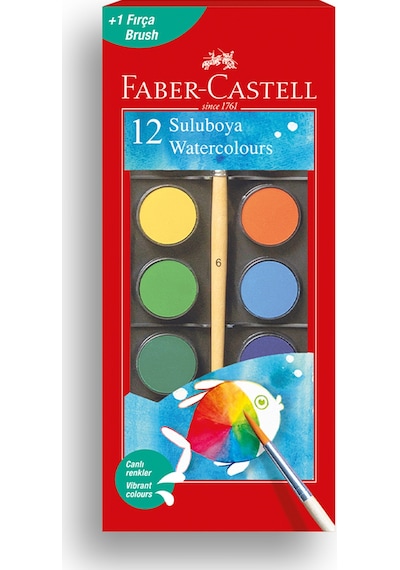 Faber-Castell Suluboya 12 Renk, Büyük Boy, Parlak ve Örtücü Renkler, Kağıt Yüzeylere Uygun, Karıştırılabilir
