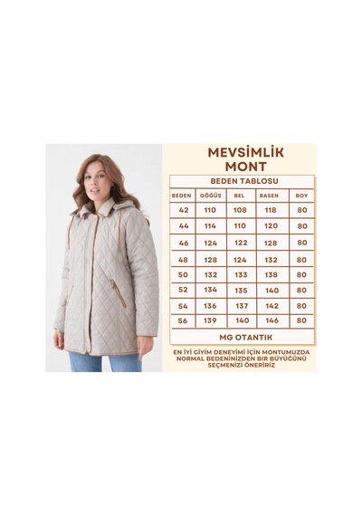 Mg Otantik Büyük Beden Pamuk Ekoseli Kapitone Kaban - Kapüşonlu Mevsimlik Mont Mg001 Bej