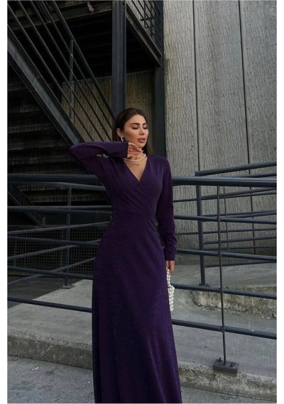 Euro Class Kadın Şık Model Krep Kumaş Kruvaze Yaka Yırtmaçlı Maxi Abiye Elbise Mor