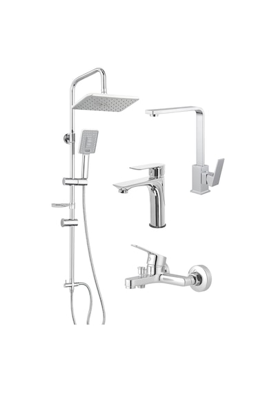 Krom 4lü Set Banyo Bataryası Eviye Bataryası Lavabo Bataryası Duş Tepe Yağmurlama Seti Özel Seri 2 Krom