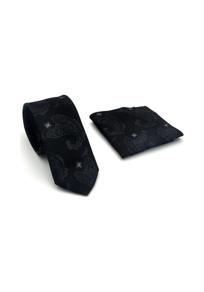 Gaffy Gri Şal Desenli Siyah Dokuma Kumaş Mendilli Slim Fit Kravat // Sdk-2604-3 Gri