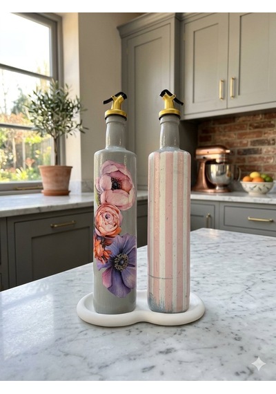 750 Ml Büyük Boy El Yapımı Cam Yağdanlık Sirkelik 2'li Set Çiçek Desenli Ve Çizgili Dekoratif Zeyt Pembe Ve Beyaz