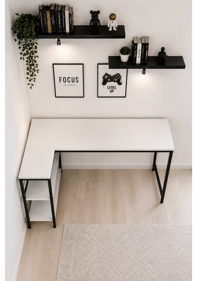 Beyaz/siyah L Masa, Kitaplıklı, Raflı, 120 Cm Çalışma Masası, Bilgisayar, Pc, Oyuncu, Gaming Masası Metal Ayaklı
