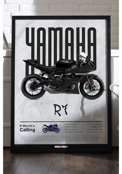 Yamaha R7 Siyah Ahşap Çerçeveli Poster, Dekoratif Motosiklet Duvar Tablosu