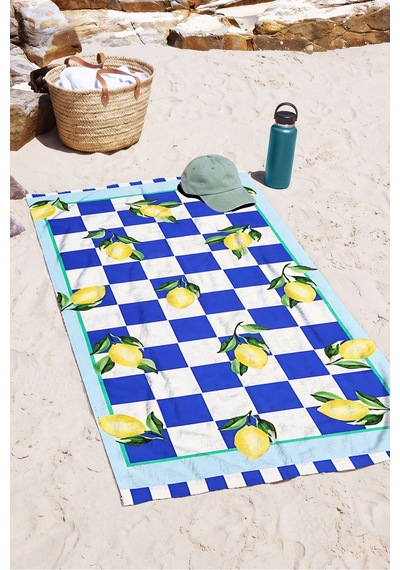 Limonlu Dama Desenli Sicilyan Plaj Havlusu - Akdeniz Stil Mavi Sarı Hızlı Kuruyan Mikrofiber Havlu Çok Renkli