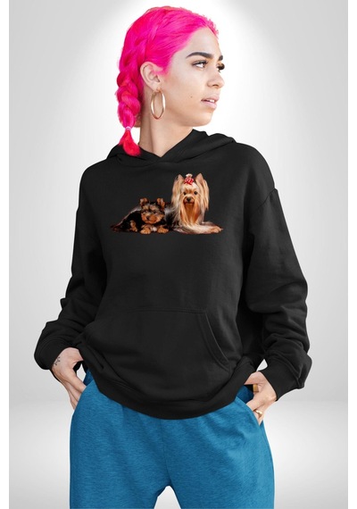 Yorkshire Teacup Ve Anne Köpek Kadın Erkek Siyah Kapüşonlu Sweatshirt Hoodie Siyah