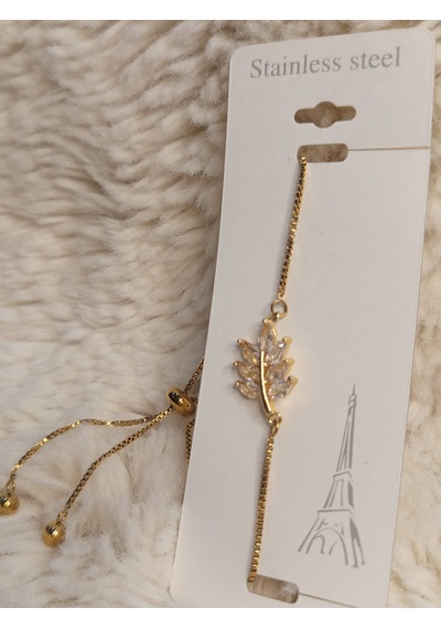 Stainless Steel Zirkon Taşlı Yaprak Çelik Bileklik Gold