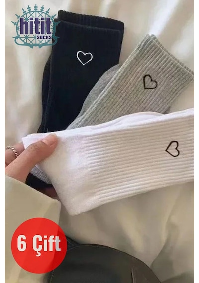 Hitit Socks Kadın 6 Çift Premium Kalite Kalp Detaylı Tenis Çorap Siyah Beyaz Gri ASORTİ