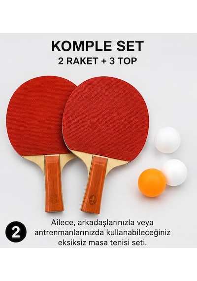 2'li Masa Tenisi Raketi Seti, Raket Ve Top İle Birlikte