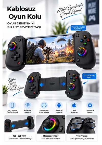 Kablosuz Mobil Oyun Kolu Rgb Joystick Android İos Uyumlu Telefon Tutuculu Mobil Gamepad