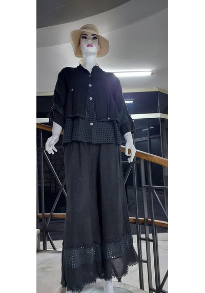 Bohem Stil İtalyan Fisto Detaylı Keten Pantolon Ceket Takım-9196 Antrasit