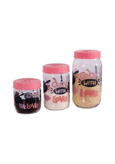 Herevin 139357-810 Desenli Teneke Kutulu Kavanoz Seti 3'lü 425-660-1000 Ml Pembe