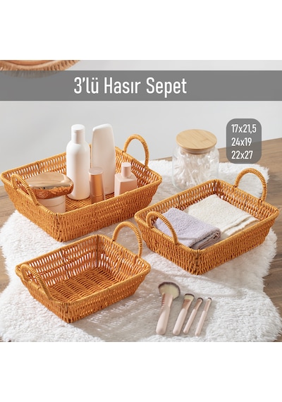 Porsima 301a 3lü Düzenleyici Dikdörtgen Hasır Sepet Seti Ekmeklik