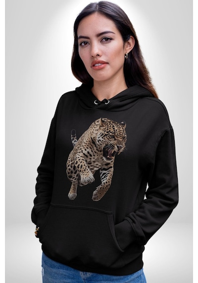 Jaguar Sırtından Çıkan Kadın Erkek Siyah Kapüşonlu Sweatshirt Hoodie Siyah