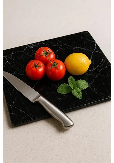 Siyah Mermer Görünümlü Cam Kesme Tahtası Kırılmaz, Oval Kenarlı 20x30 Cm Hijyenik Kesme Tahtası Siyah Mermer