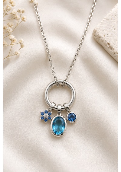 Blue Crystal Charm Halka Kolye Gümüş