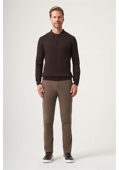 İmza Polo Yaka Uzun Kol Örme Comfort Fit Pamuklu Kazak 1012265007 Kahverengi