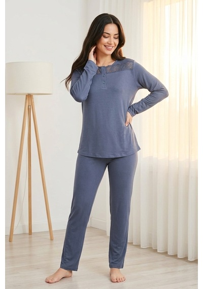 Aura Collections Kadın Dantelli Bambu Viskon Uzun Kollu Mevsimlik Soft Örme Pijama Takımı Lacivert