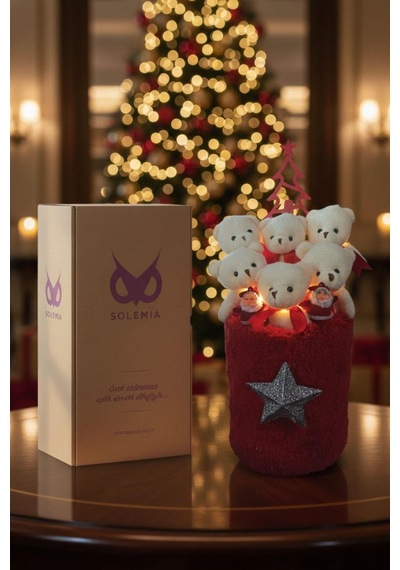 Yeniyıl Özel Seri: Premium Silindir Gümüş Yıldız Detaylı Peluş Kutuda Yılbaşı Temalı Led Işıklı Noel Ağaçlı Ve Noel Babalı, Özel Konsept Yeniyıl Ayıcık Buketi