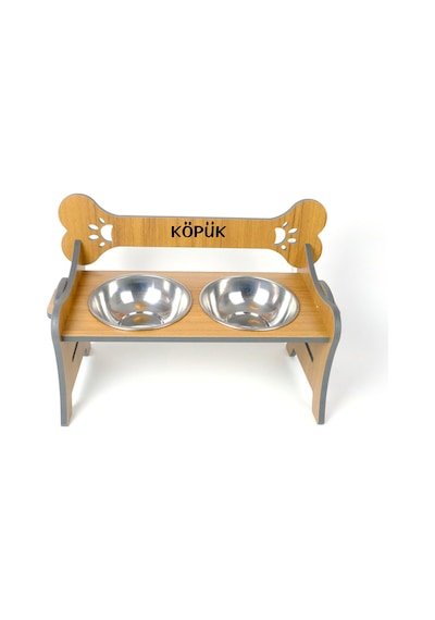 Köpek Su Ve Mama Kabı Standı - Özel İsim Baskılı - Suya Dayanıklı - Ceviz Cdf - Çelik Kase -2 1000ml