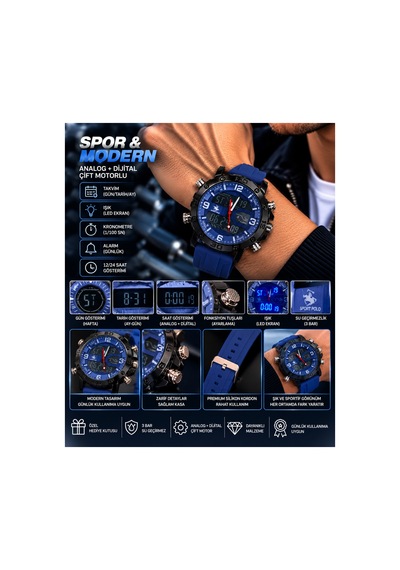 Erkek Analog Dijital Silikon Kordon Alarm Kronemetreli Led Işıklı Kol Saati Lacivert - 929326242 Siyah