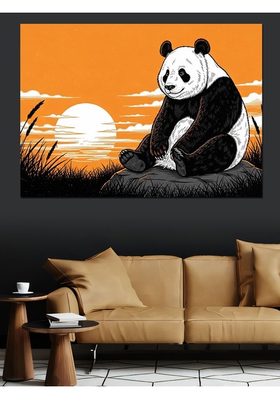 Ahşap Tablo Gün Batımında Oturan Panda Portresi