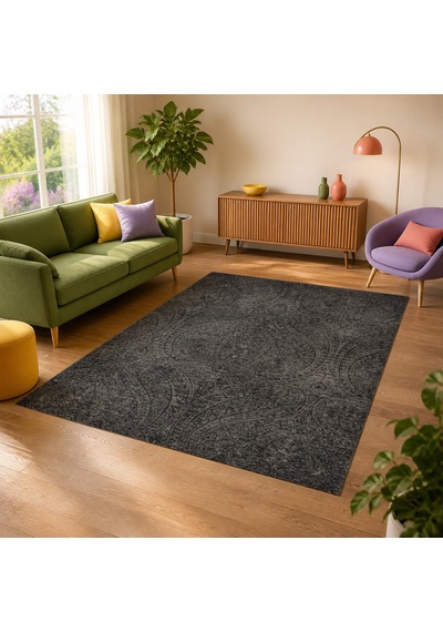 Kartela Halı Paisley Halı Kaymaz Taban Makinede Yıkanabilir Halı Antrasit - 120 X 180 Cm