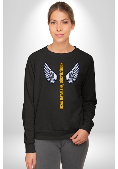 Uçan Hayaller Gökyüzünde Melek Kanatları Unisex Siyah Sweatshirt Siyah