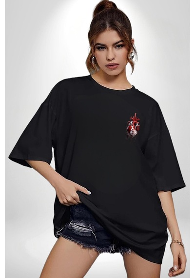 Doğanın Kalbi Yeşillikler Kalp Siyah Oversize Unisex Ön Ve Sırt Baskılı Tişört Siyah