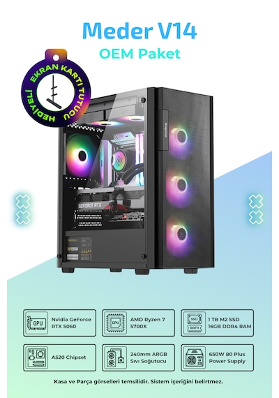 IH Meder V14 R7-5700X 16 GB 1 TB SSD 8 GB RTX5060 Free Dos Masaüstü Oyuncu Bilgisayarı