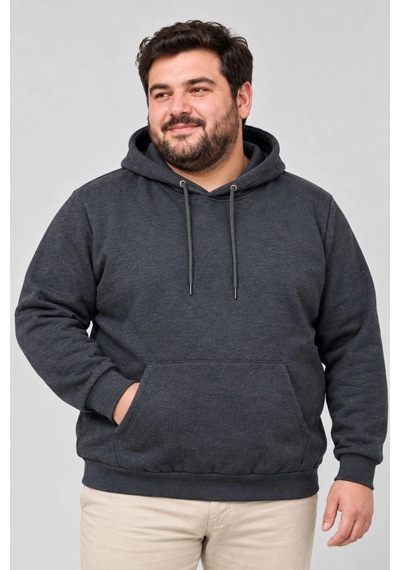 Ertaştrendstore Erkek Battal Büyük Beden Üç İplik İçi Şardonlu Kapüşonlu Kanguru Cepli Kışlık Sweatshirt - Füme Çok Renk