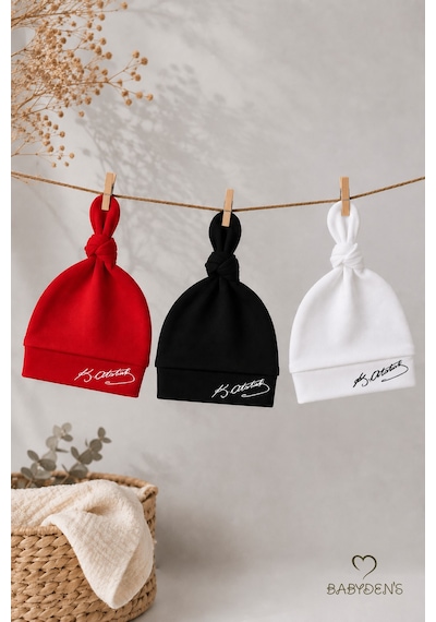 Babyden's Atatürk İmzalı Yenidoğan Bebek Şapka Seti 3 Lü Paket %100 Pamuklu Unisex Bebek Bere Takımı Beyaz - Kırmızı - Siyah