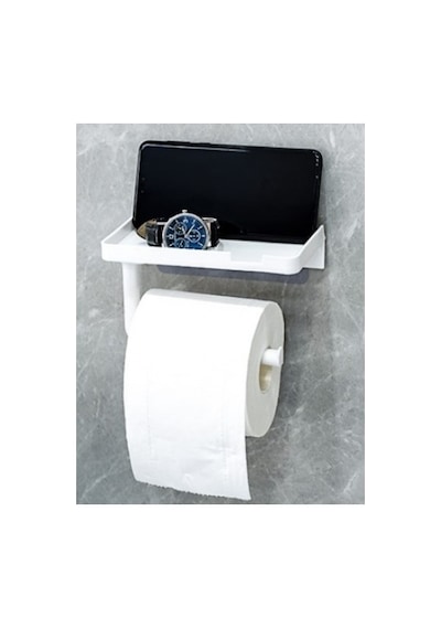 Beyaz Yapışkanlı Raflı Tuvalet Kağıdı Askılığı Delmeden Montaj Banyo Organizer Telefon Rafı Askısı