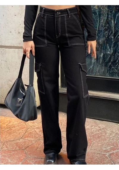 Lavajeans Beyaz Dikiş Detaylı Siyah Kargo Cep Jean Pantolon Siyahbyz Siyah - Beyaz